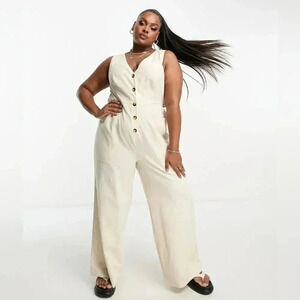 ASOS DESIGN Curve linen look button through jumpsuit in oatmeal